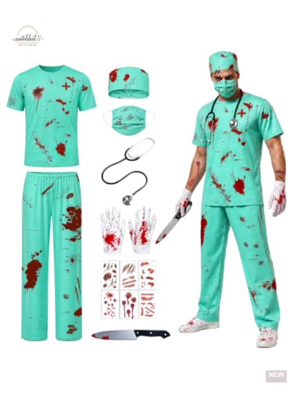 Zombie Doctor Costume Men's Surgeon Halloween Blood Splatter 8-Piece Set